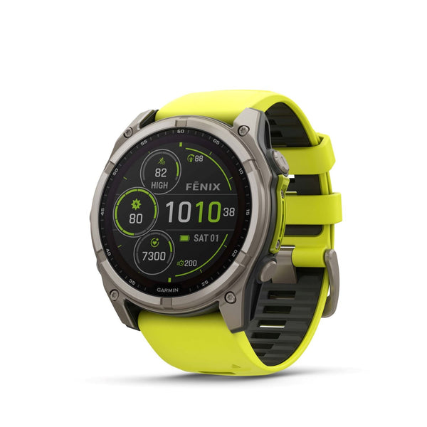 Garmin Fenix 8 – 51 mm, Solar, Sapphire- Titanium with amp yellow/graphite silicone band